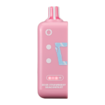 Close-up of a pink vape battery charging via USB-C cable, with LED indicator glowing